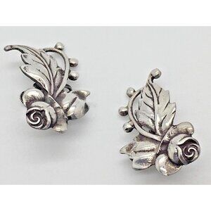 Repousse Floral Sculpture Earrings Rose Buds Leaf Screw Back Earrings Sterling